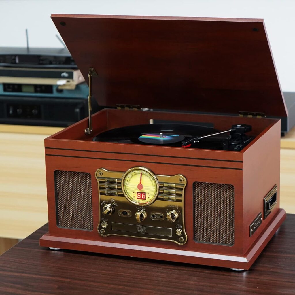 10-in-1 Bluetooth Record Player Multifunctional 3-Speed Turntable for Vinyl Record with Stereo Speaker,LP Vinyl to MP3 Converter with CD, Cassette Player,FM Radio,Wireless Music Streaming | Mahogany