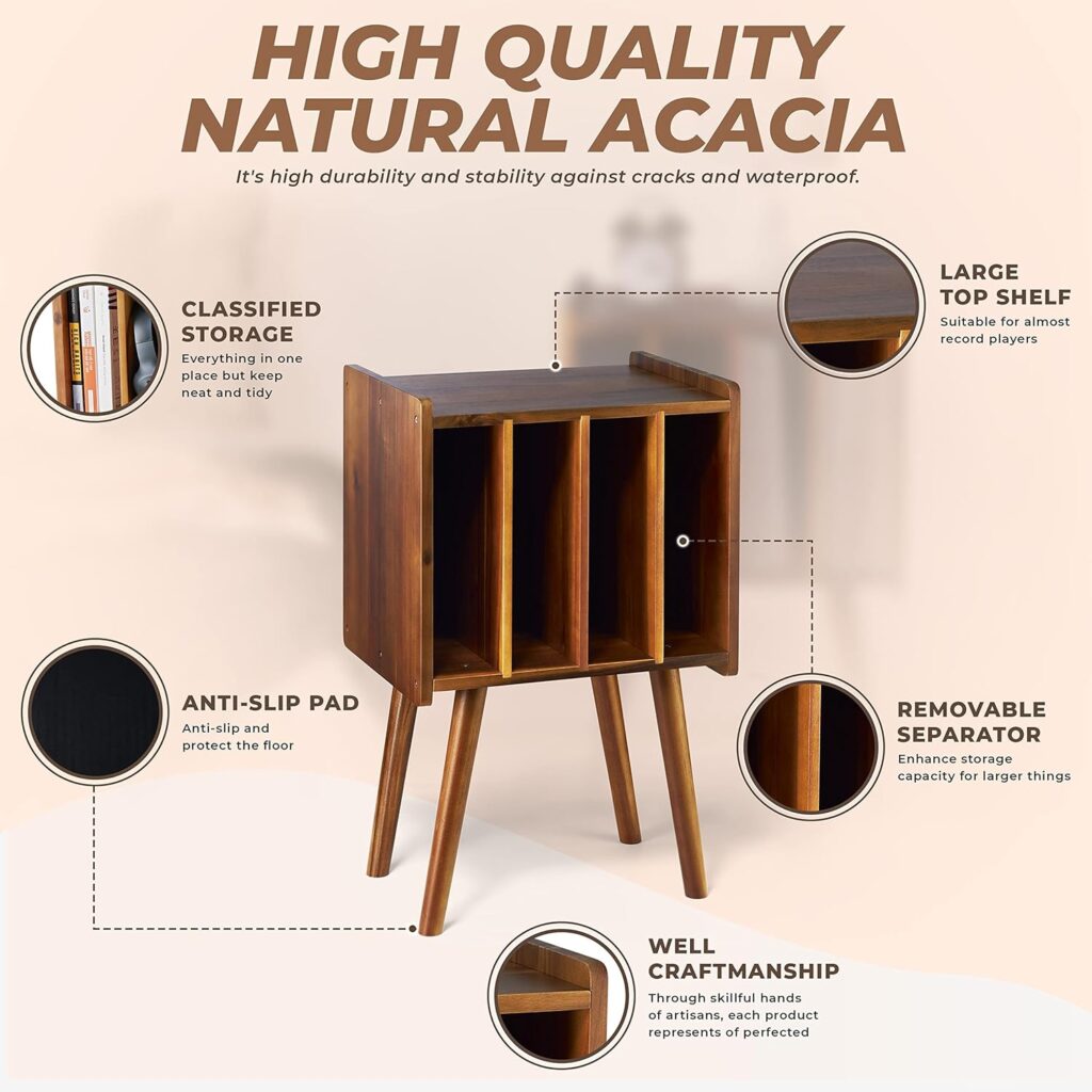 2BHOME Wooden Record Player Stand, Vinyl Record Storage Holder Table with 4 Cabinets, Holds up to 100 LPs, Metal Vinyl Record Organizer Stand, Classical Design for Files/Book (Mid-Century Modern)