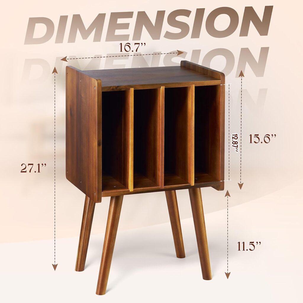 2BHOME Wooden Record Player Stand, Vinyl Record Storage Holder Table with 4 Cabinets, Holds up to 100 LPs, Metal Vinyl Record Organizer Stand, Classical Design for Files/Book (Mid-Century Modern)