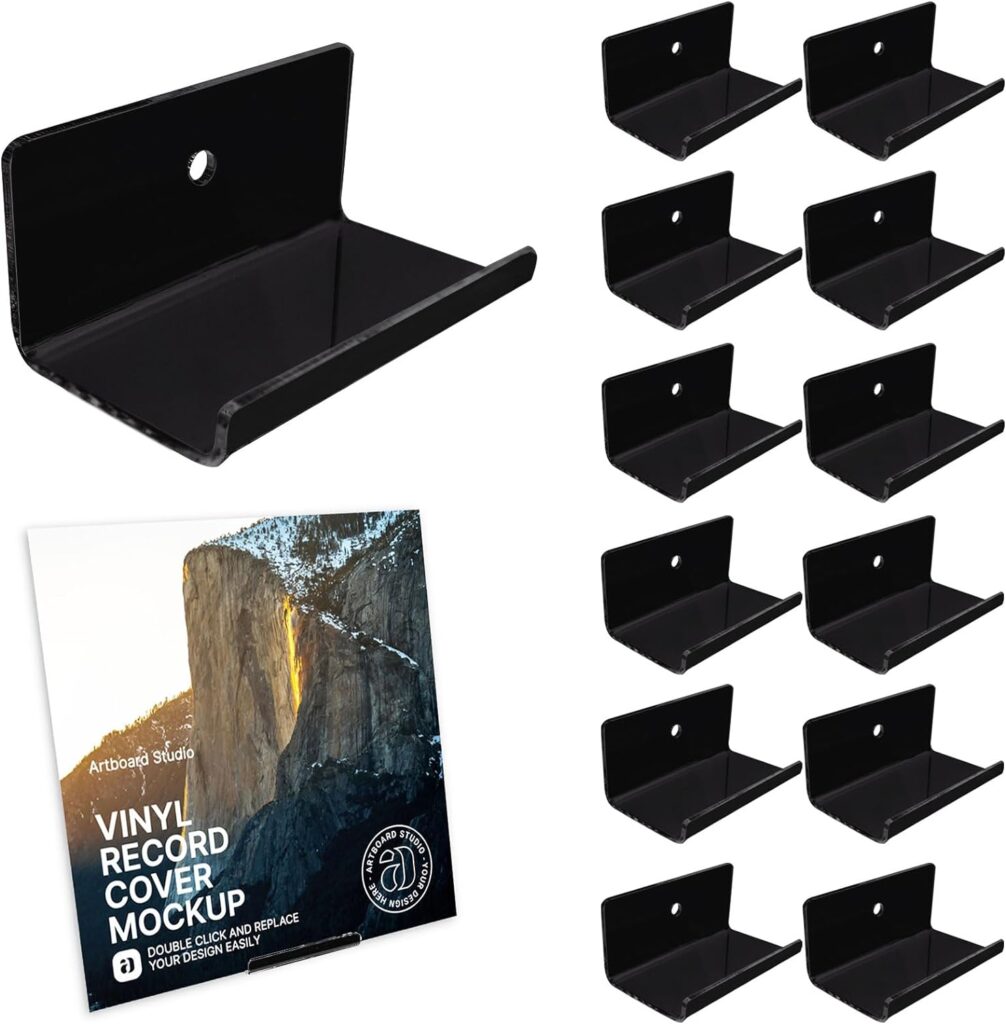 AAiphuwew 12 Pack Black Vinyl Record Holder Wall Mount, Invisible Floating Acrylic Album Record Holder for Displaying Daily LP Listening
