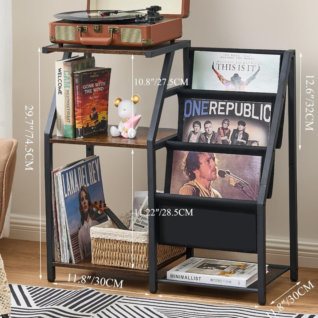 ANWBROAD Record Player Stand with Vinyl Storage Vinyl Record Storage Turntable Stand 3-Tier Records Display Shelf Up to 200 Albums End Table for Living Room Bedroom Office Record Player Table UJRS001Z