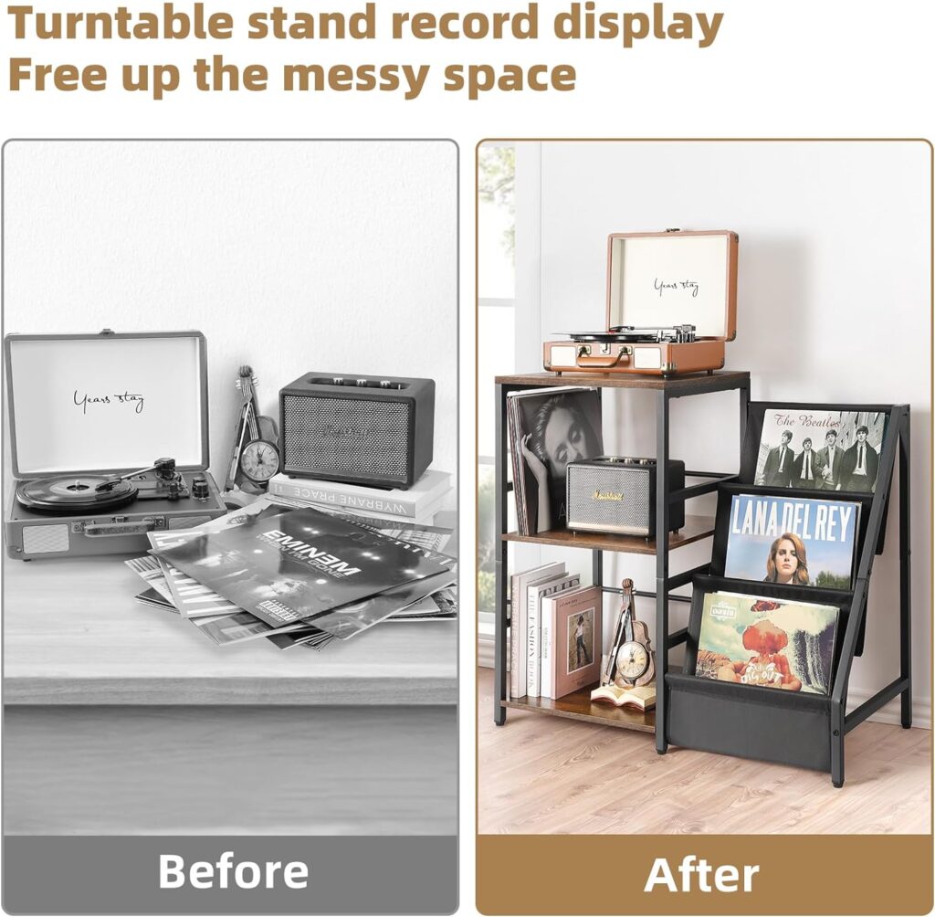 Bikoney Record Player Stand, Turntable Stand with 3-Tier Vinyl Record Storage, Record Player Table Holds Up to 200 Albums, End Table for Vinyl Records, Vinyl Record Holder Cabinet for Living Room
