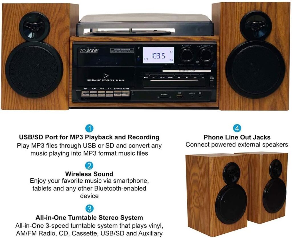 Boytone Bluetooth Classic Style CD Player Turntable with AM/FM Radio, 2 Separate Stereo Speakers, Record from Vinyl, Cassette to MP3, SD Slot, USB, AUX, BT-28SPW