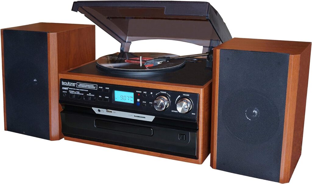 Boytone BT-24MB Bluetooth Classic Style Record Player Turntable with AM/FM Radio, CD/Cassette Player, 2 Separate Stereo Speakers, Record from Vinyl, Radio, and Cassette to MP3, SD Slot, USB, AUX.