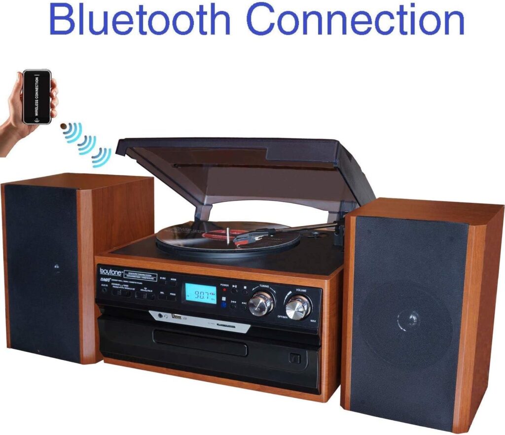 Boytone BT-24MB Bluetooth Classic Style Record Player Turntable with AM/FM Radio, CD/Cassette Player, 2 Separate Stereo Speakers, Record from Vinyl, Radio, and Cassette to MP3, SD Slot, USB, AUX.