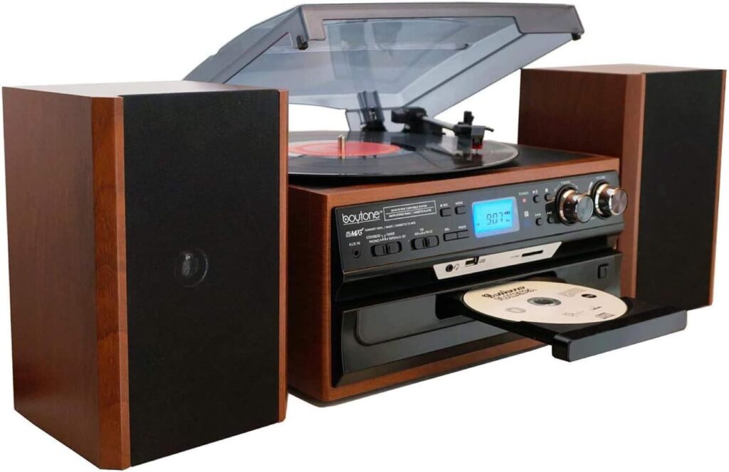 Boytone BT-24MB Bluetooth Classic Style Record Player Turntable with AM/FM Radio, CD/Cassette Player, 2 Separate Stereo Speakers, Record from Vinyl, Radio, and Cassette to MP3, SD Slot, USB, AUX.