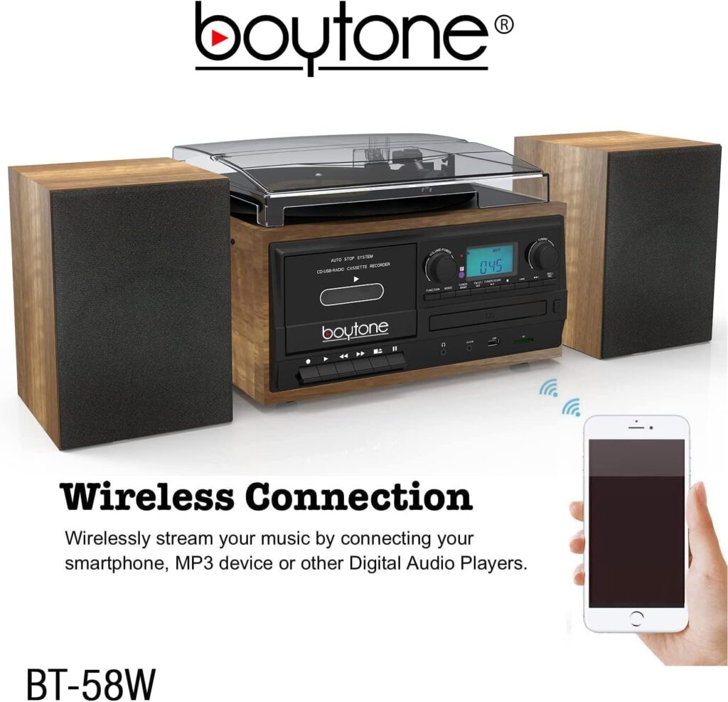 Boytone BT-58W Bluetooth Record Player Turntable with CD Player, Convert LP Vinyl, CD to MP3 Player, Cassette, AM/FM Radio, Aux, USB/SD Encoding, Remote Control, Audio Music Player Built in Amplifier