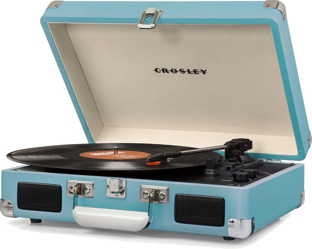 Crosley CR8005D-TU Cruiser Deluxe Vintage 3-Speed Bluetooth Suitcase Vinyl Record Player Turntable, Aqua