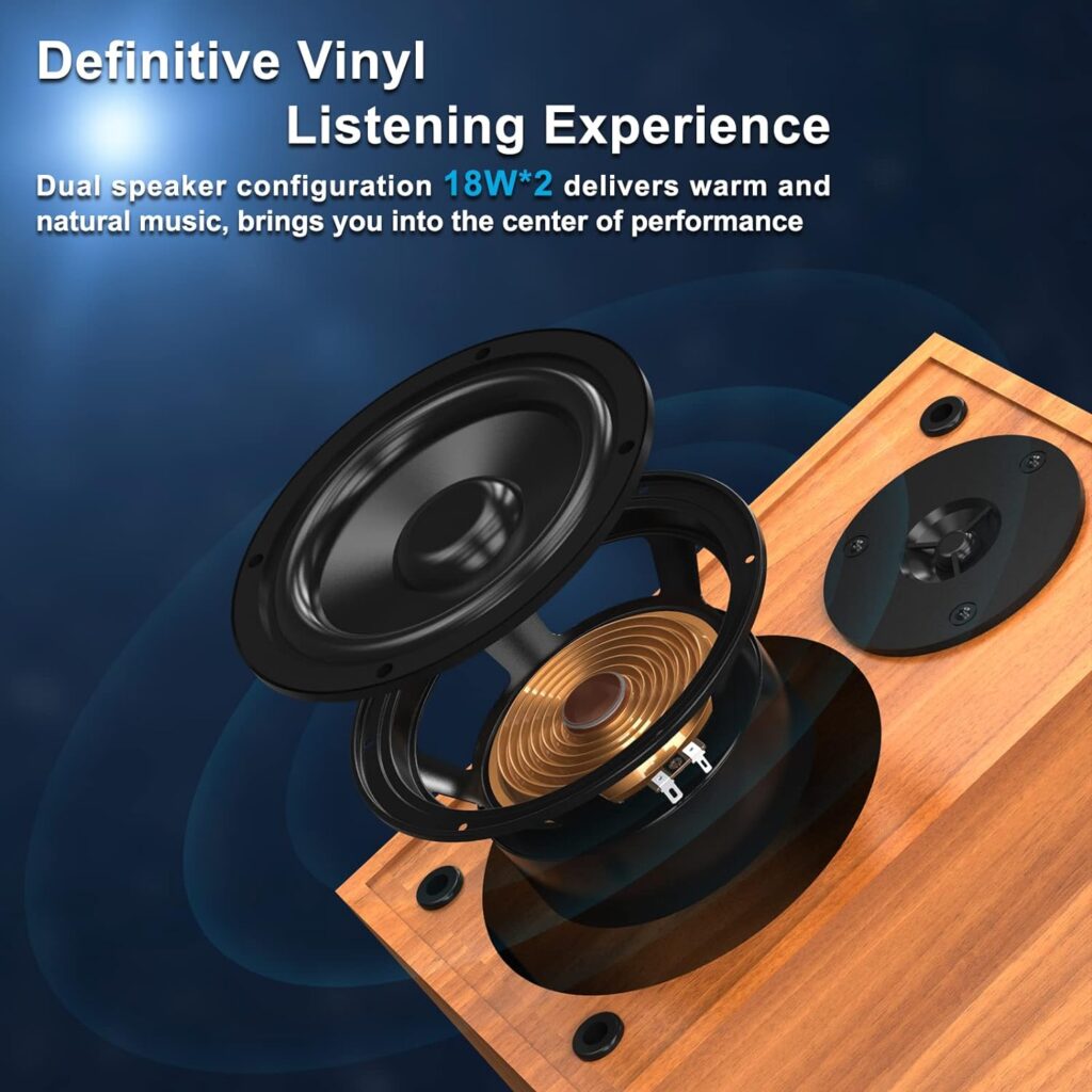 DIGITNOW Bluetooth Record Player for Vinyl with Speakers, Wireless Turntable with 36W High Fidelity Stereo Speakers,Wood Vinyl Player with Magnetic Cartridge  Adjustable Counter Weight,RCA output