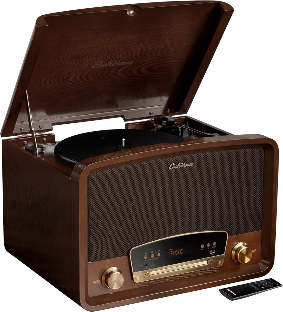 Electrohome Kingston 7-in-1 Vintage Vinyl Record Player Stereo System with 3-Speed Turntable, Bluetooth, AM/FM Radio, CD, Aux in, RCA/Headphone Out, Vinyl/CD to MP3 Recording  USB Playback (RR75)