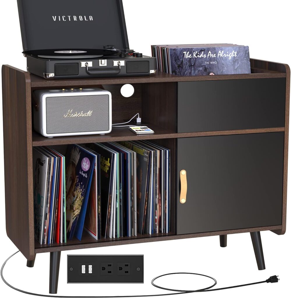 GDLF Large Record Player Stand, Vinyl Record Storage Cabinet with Power Outlet, Record Player Table Holds up to 350 Albums, Turntable Stand with Wood Legs for Living Room,Bedroom,Office