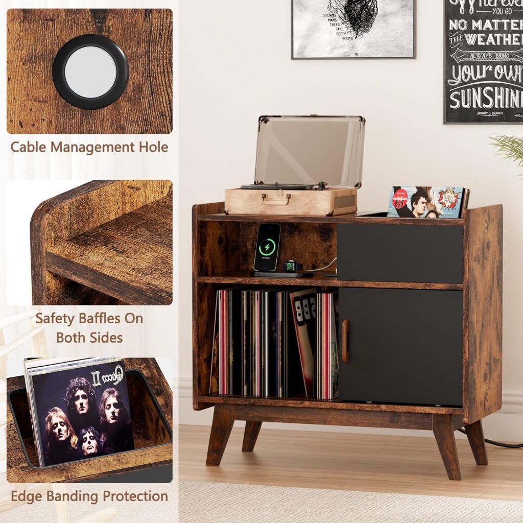 HAIOOU Record Player Stand with LED Lights, Large Vinyl Record Storage Cabinet with Power Outlet, Mid Century Turntable Stand Holder, Album Record Storage Rack with Wood Legs for CD, Magazine, Book