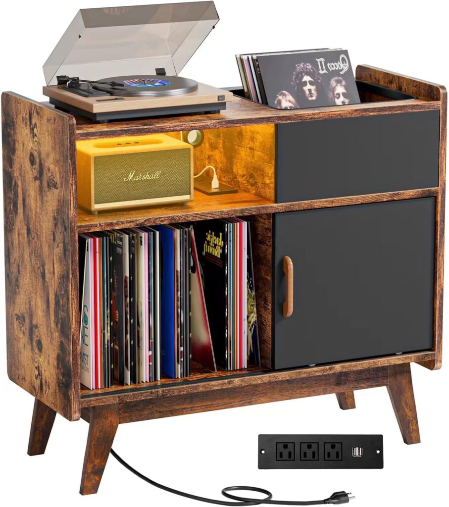 HAIOOU Record Player Stand with LED Lights, Large Vinyl Record Storage Cabinet with Power Outlet, Mid Century Turntable Stand Holder, Album Record Storage Rack with Wood Legs for CD, Magazine, Book