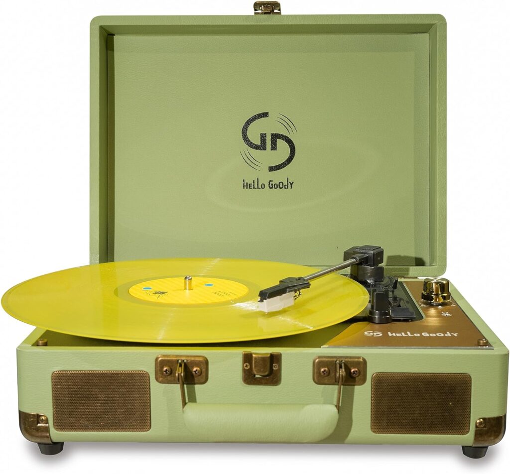 HelloGoody Vinyl Record Player Portable Record Player Turntable Suitcase Record Player Vinyl Built in Stereo Speakers Extra Stylus Supports RCA Line Out, AUX in, 3 Speed Wireless Vintage Record Player