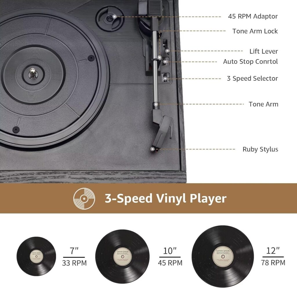 JOPOSTAR 3-Speed Vinyl Record Player Vintage Turntable with Built-in Stereo Speakers, Support Bluetooth, AM/FM Radio, USB/SD/MMC, CD/Cassette Playback, Aux-in RCA Line-Out