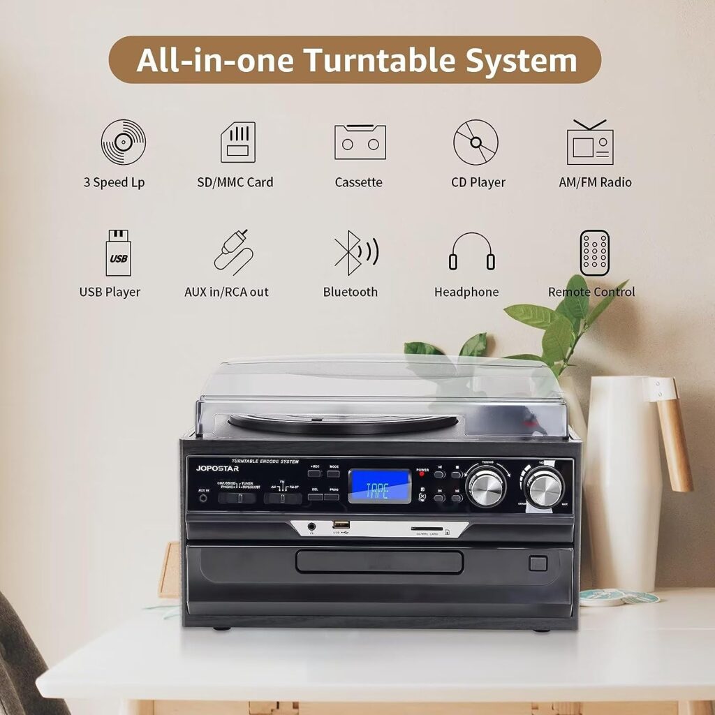 JOPOSTAR 3-Speed Vinyl Record Player Vintage Turntable with Built-in Stereo Speakers, Support Bluetooth, AM/FM Radio, USB/SD/MMC, CD/Cassette Playback, Aux-in RCA Line-Out