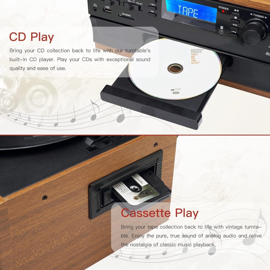 Jorlai 10-in-1 Record Player Bluetooth Vintage Turntable 3-Speed with AM/FM Radio, 2 Separate Stereo Speakers, CD/Cassette Player, USB SD Player, RCA Line Out Aux in