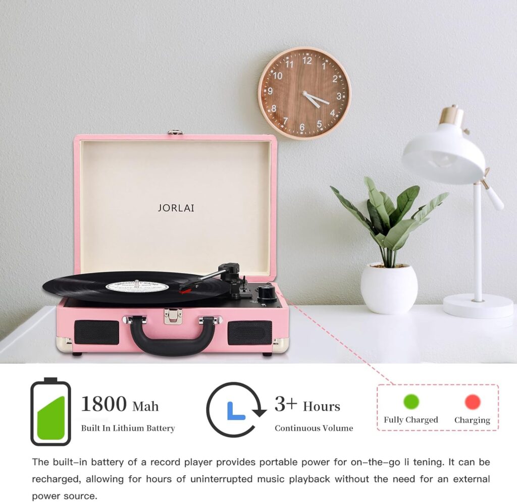 JORLAI Record Player 3 Speeds Turntable with Bluetooth Built-in Battery Stereo Speakers Vintage Record Player Belt Driven Portable Suitcase PC Recording White