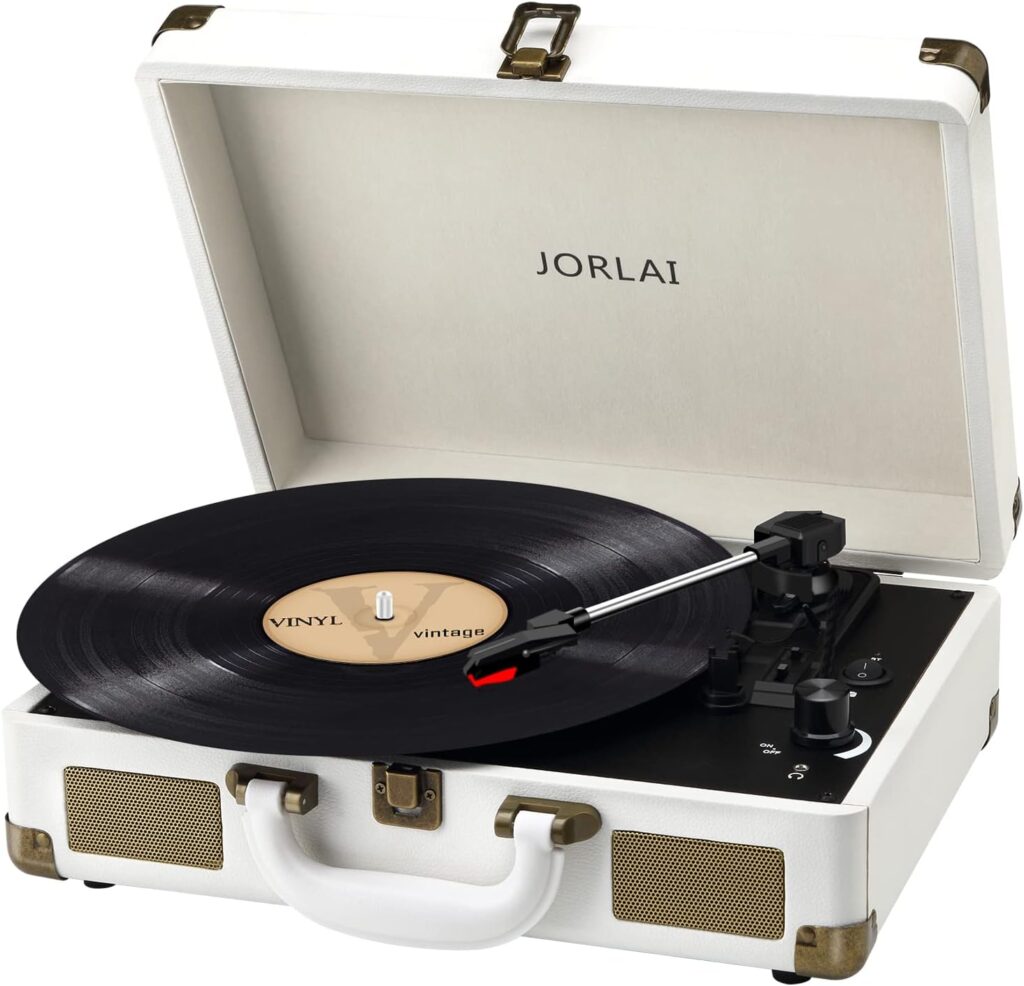 JORLAI Record Player 3 Speeds Turntable with Bluetooth Built-in Battery Stereo Speakers Vintage Record Player Belt Driven Portable Suitcase PC Recording White
