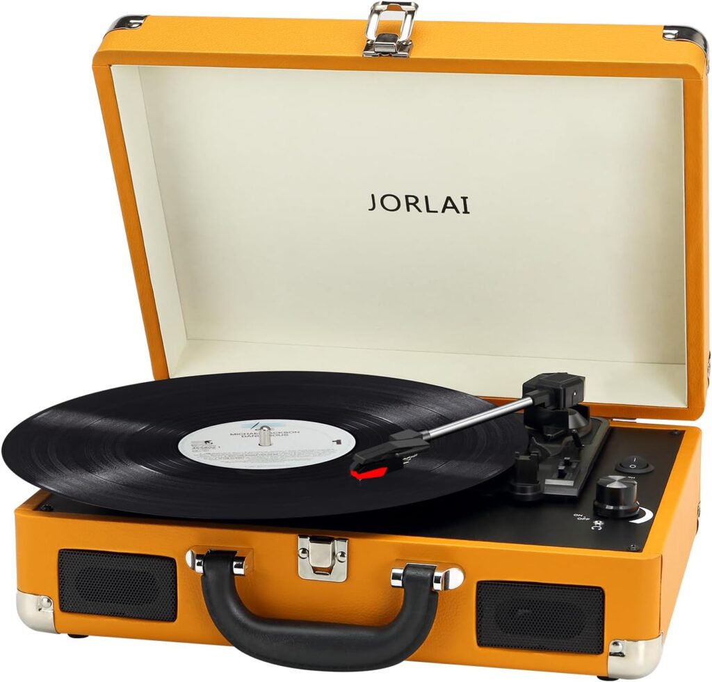 JORLAI Record Player 3 Speeds Turntable with Bluetooth Built-in Battery Stereo Speakers Vintage Record Player Belt Driven Portable Suitcase PC Recording White