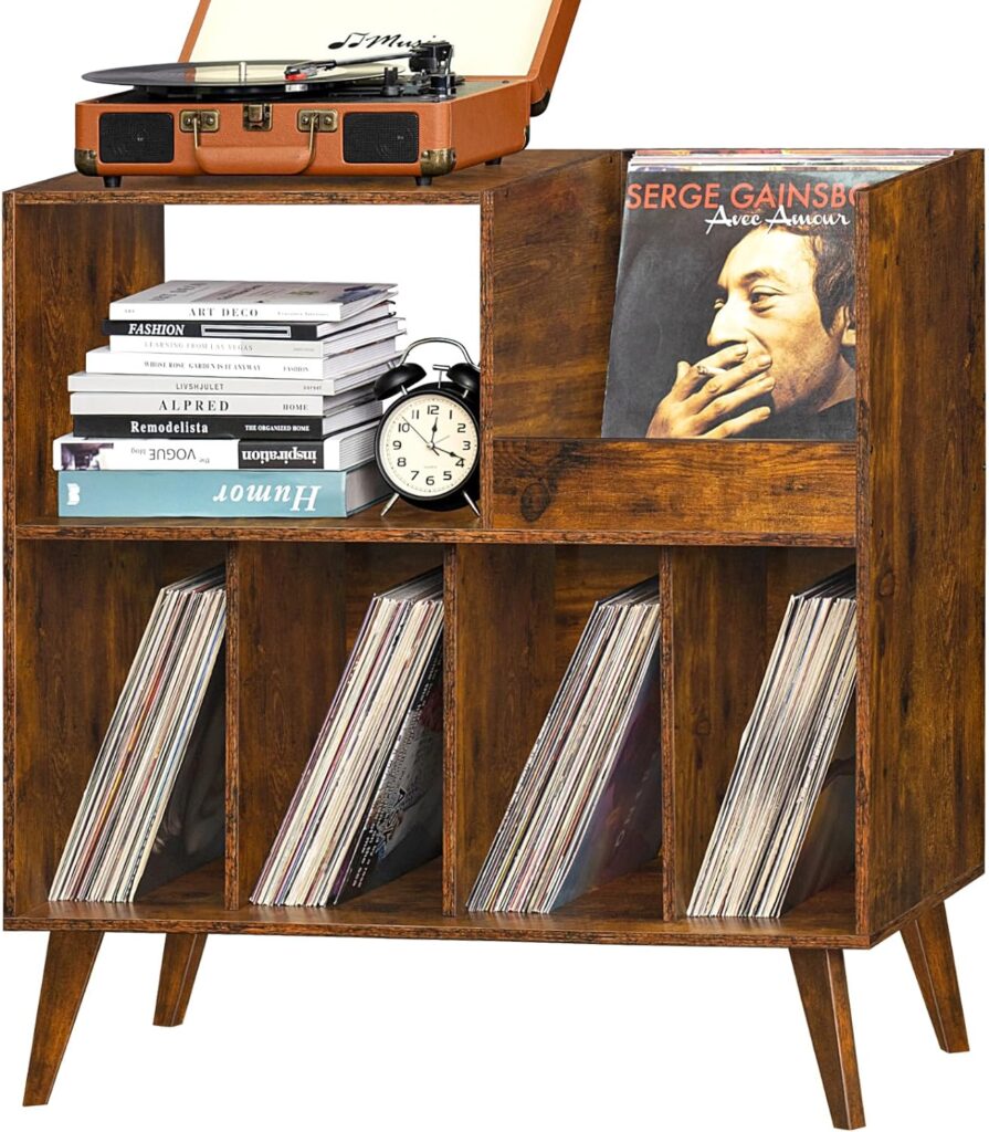 LELELINKY Large Record Player Stand, Turntable Stand with Storage, Vinyl Record Holder with Display Area, Record Player Table Holds Up to 300 Albums, Record Stand for Music room Living Room-Reto Brown