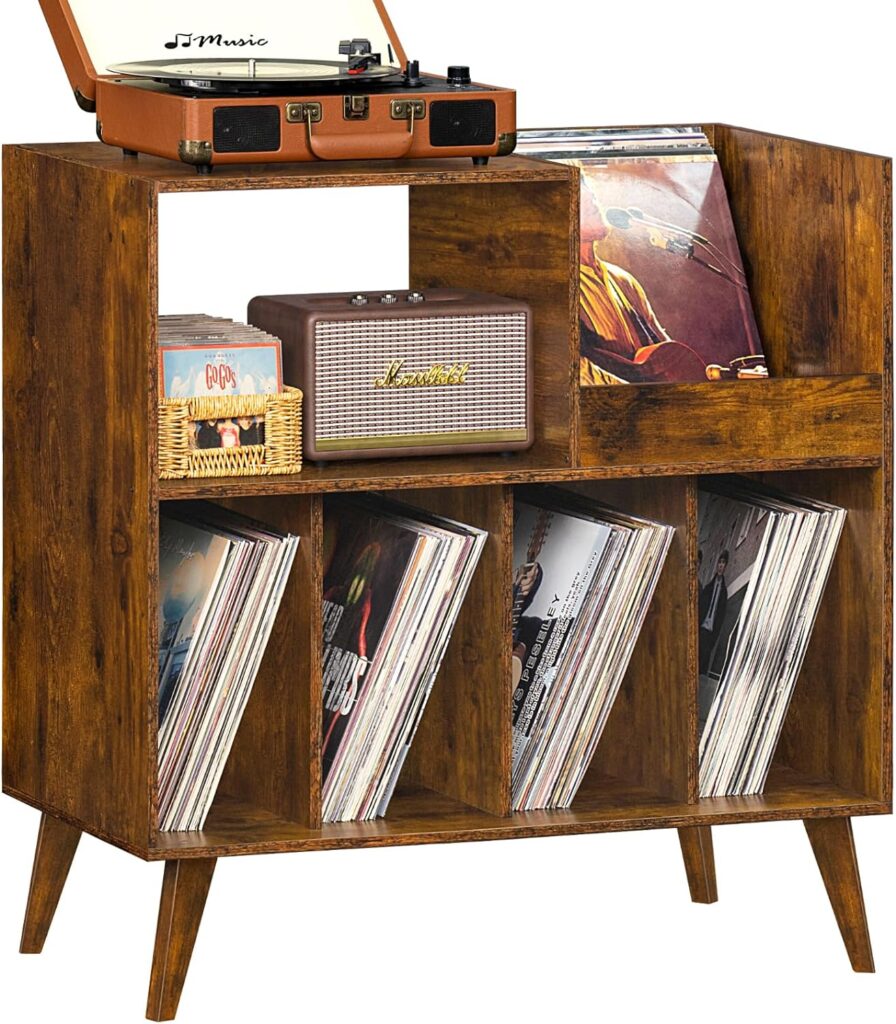 LELELINKY Large Record Player Stand, Turntable Stand with Storage, Vinyl Record Holder with Display Area, Record Player Table Holds Up to 300 Albums, Record Stand for Music room Living Room-Reto Brown