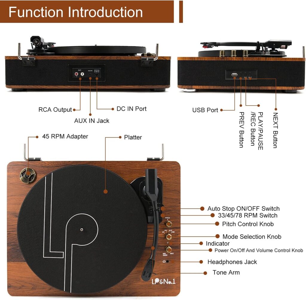 LPNO.1 Record Player Bluetooth Turntable with Built-in Speakers and USB PlayRecording Belt-Driven Vintage Phonograph Record Player 3 Speed for Entertainment and Home Decoration : Electronics