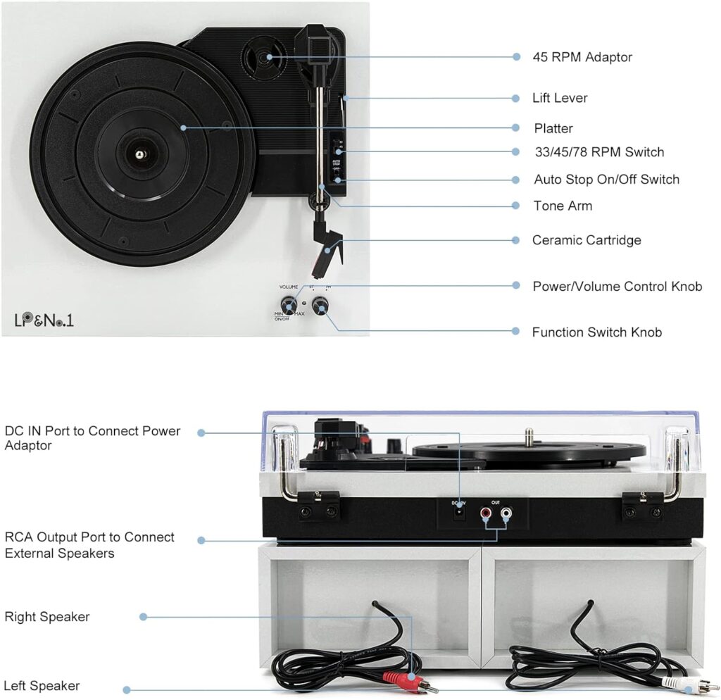 LPNo.1 Record Player with External Speakers, 3 Speed Vintage Belt-Drive Vinyl Turntable with Bluetooth Playback  Auto-Stop White Pearl