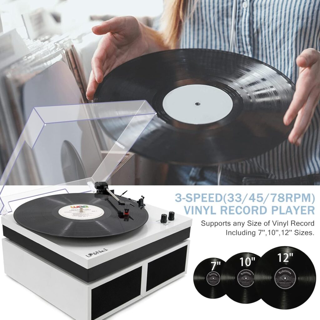 LPNo.1 Record Player with External Speakers, 3 Speed Vintage Belt-Drive Vinyl Turntable with Bluetooth Playback  Auto-Stop White Pearl