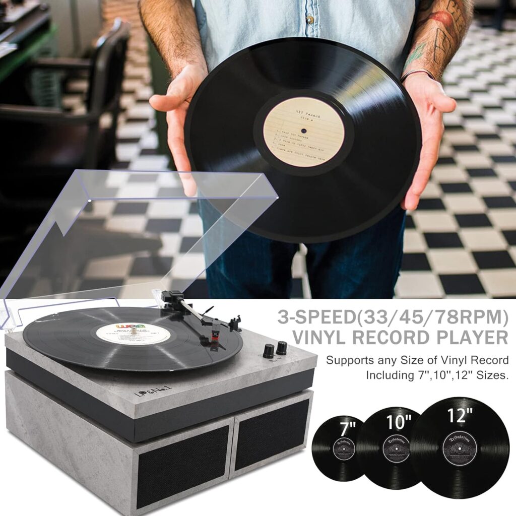 LPNo.1 Record Player with External Speakers, 3 Speed Vintage Belt-Drive Vinyl Turntable with Bluetooth Playback  Auto-Stop （Black）