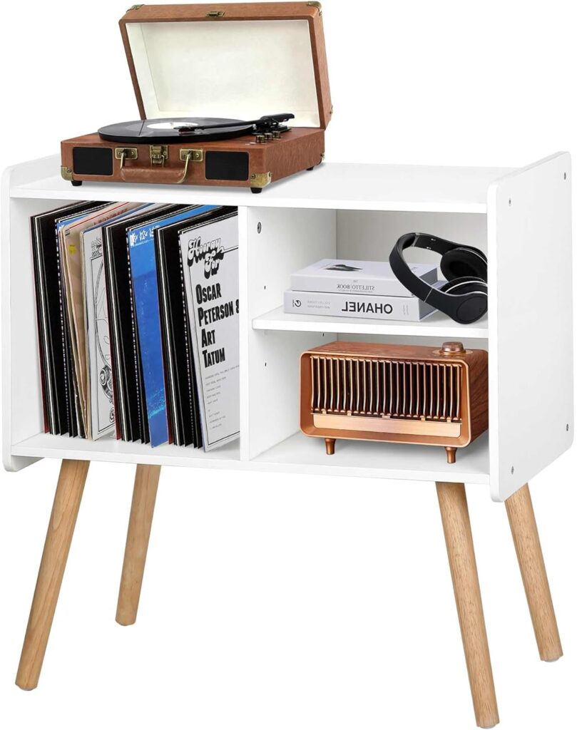 Mid-Century Record Player Stand, Vinyl Record Cabinet Holder with Storage Up to 100 Albums, Record Player Table for Living Room Bedroom Office, Turntable Stand with Wood Legs, White