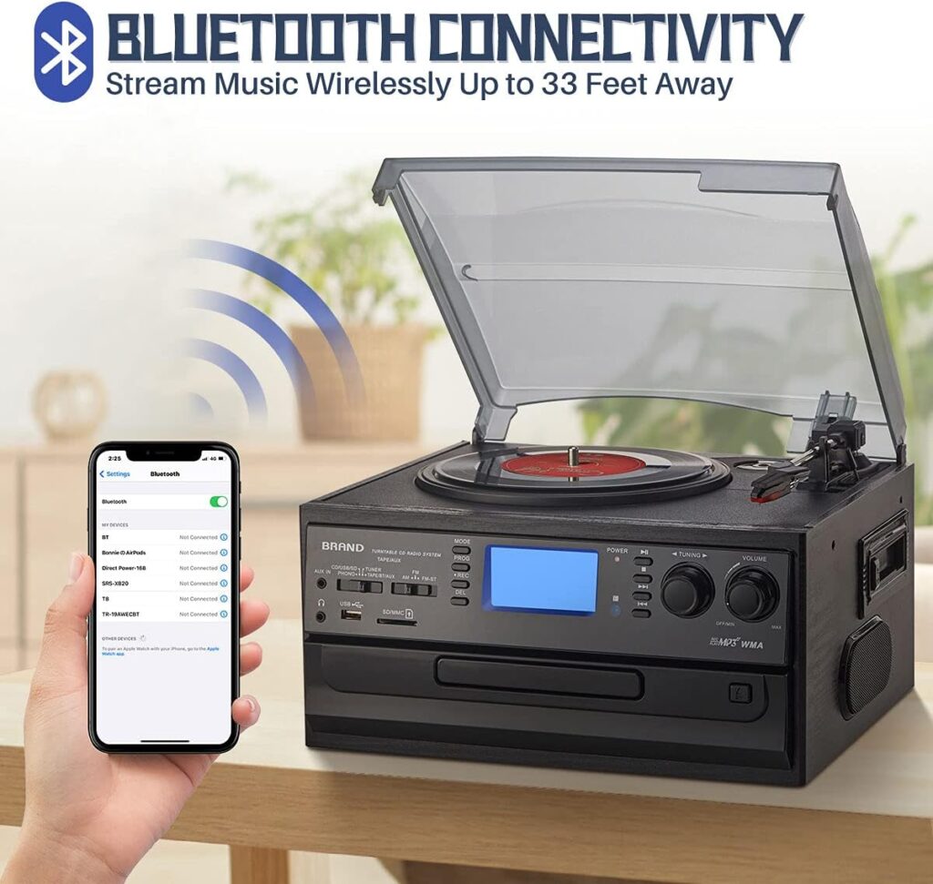 ORCC 10-in-1 Bluetooth Turntable Record Player with Built-in Speaker, Vinyl Turntable CD Cassette and FM/AM Radio Combo, AUX in RCA Out USB MP3 Recording Headphone Jack Compact Turntable