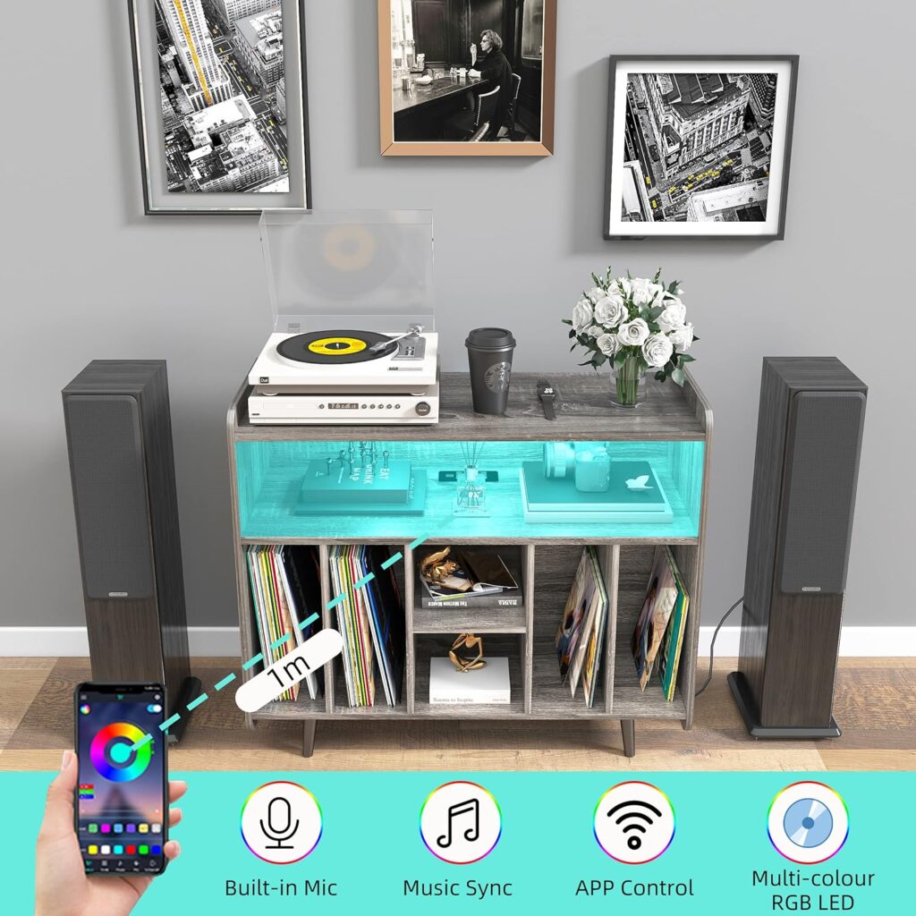 PakaLife Record Player Stand, Turntable Record Storage Shelf with Power Outlet and LED Lights Holds Up to 250 Albums, Large Record Player Stand with Vinyl Storage for Living Room Bedroom Office