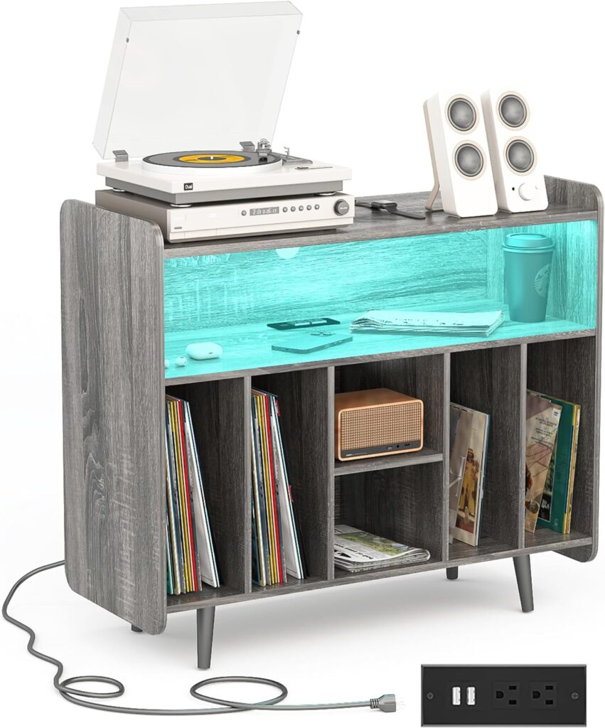 PakaLife Record Player Stand, Turntable Record Storage Shelf with Power Outlet and LED Lights Holds Up to 250 Albums, Large Record Player Stand with Vinyl Storage for Living Room Bedroom Office