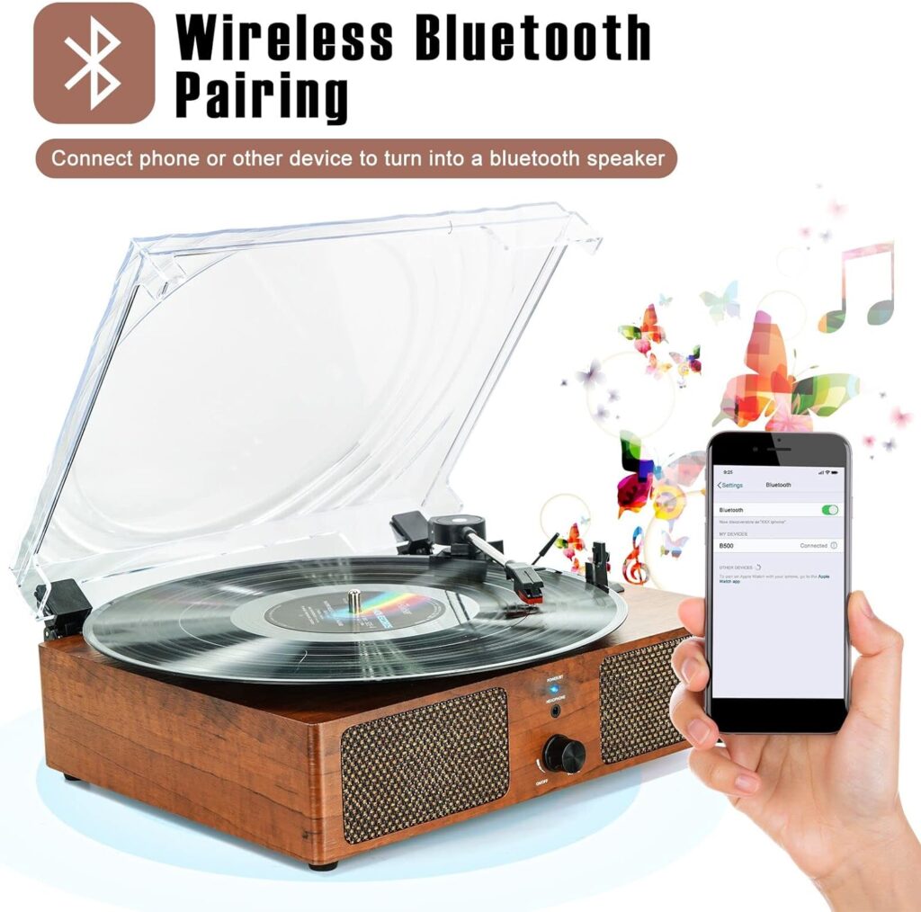 Record Player Bluetooth Turntable for Vinyl with Speakers  USB Player,Vinyl to USB,3 Speed Belt Driven LP Vintage Phonograph for Home Decoration