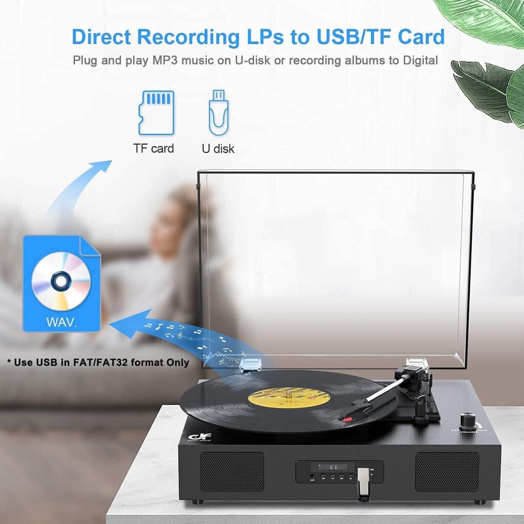 Record Player Bluetooth Turntable with Built-in Speaker, USB Recording Audio Music Vintage Portable Turntable for Vinyl Records 3 Speed, LP Phonograph Record Player, Black