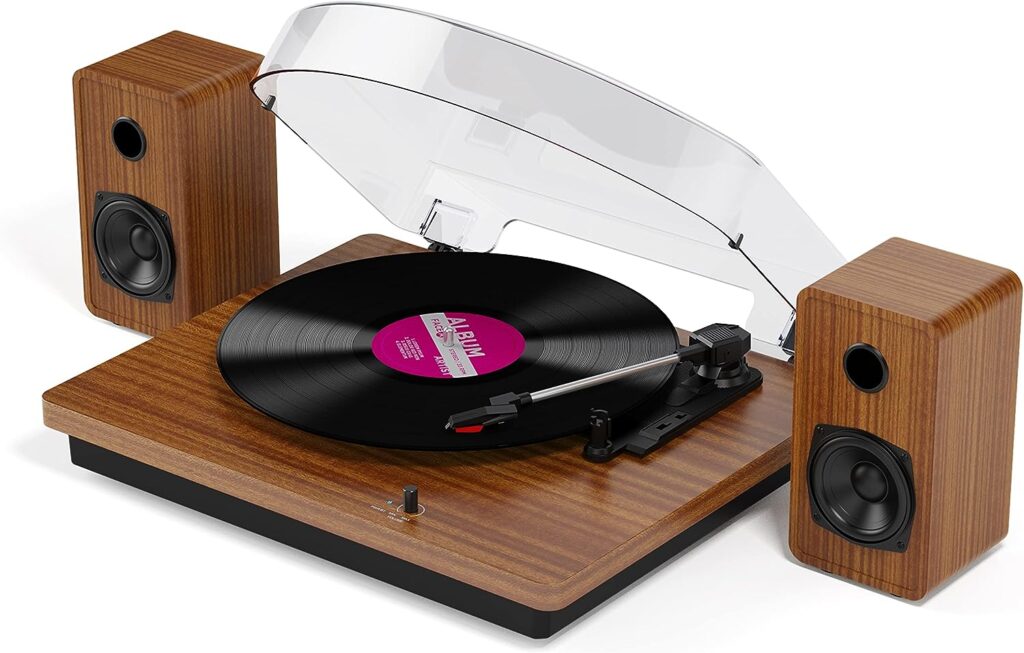 Record Player for Vinyl with 30W External Stereo Speakers,Belt-Drive Turntable Bluetooth 3 Speed 3 Size Vintage Vinyl Player Support Vinyl-to-MP3 Recording,Wireless AUX Headphone Input Auto Stop