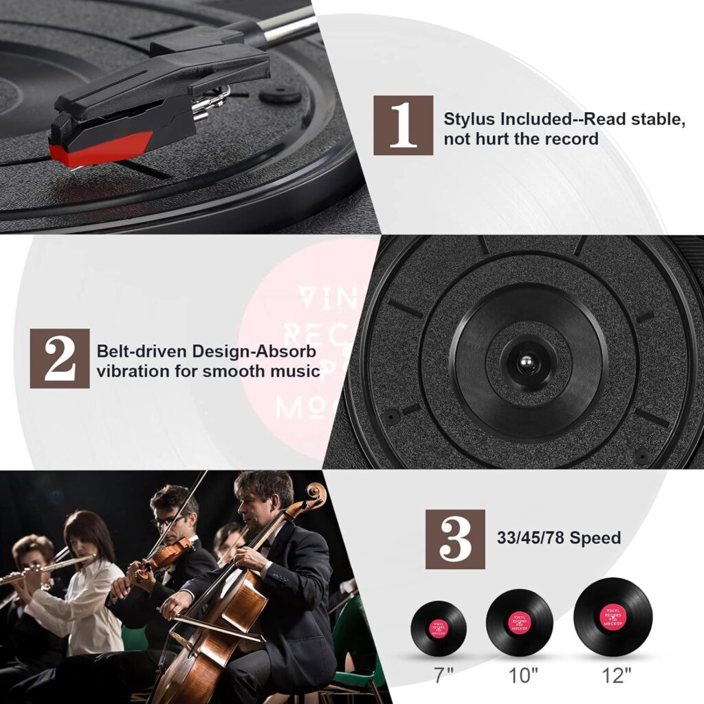 Record Player for Vinyl with 30W External Stereo Speakers,Belt-Drive Turntable Bluetooth 3 Speed 3 Size Vintage Vinyl Player Support Vinyl-to-MP3 Recording,Wireless AUX Headphone Input Auto Stop