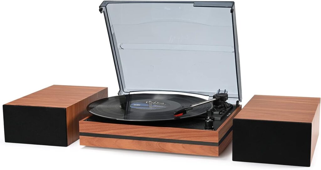 Record Player for Vinyl with External Speakers, Belt-Drive Turntable Dual Stereo Speakers Vintage LP Support 3 Speed Wireless AUX Headphone Input Auto Stop Music Lover Walnut Red