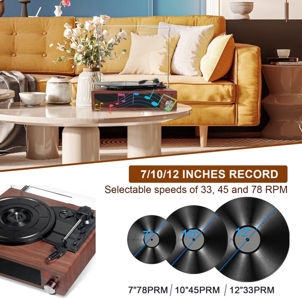 Record Player, FYDEE Bluetooth Turntable with 2 Built-in Stereo Speakers, 3-Speed 33/45/78 RPM LP Vinyl Player, Vintage Vinyl Turntable Player Supports Headphone Jack/Aux Input/RCA Out - Walnut