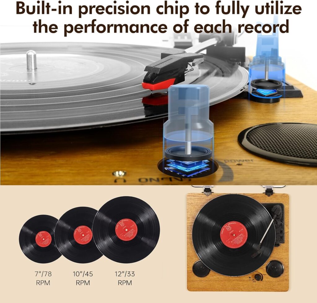 Record Player, Popsky 3-Speed Turntable Bluetooth Vinyl Record Player with Speaker, Portable LP Vinyl Player, Vinyl-to-MP3 Recording, 3.5mm AUX  RCA  Headphone Jack