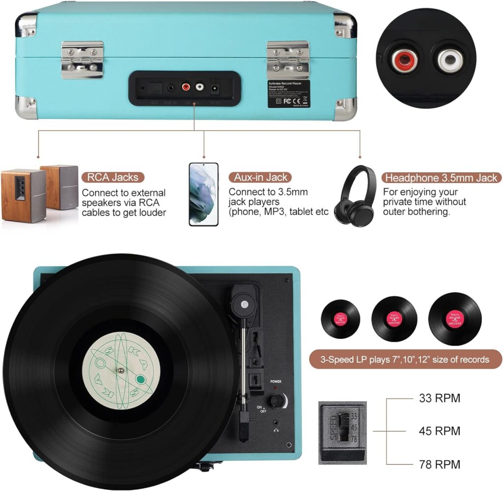 Record Player Vintage 3-Speed Bluetooth Vinyl Turntable with Stereo Speaker, Belt Driven Suitcase Vinyl Record Player