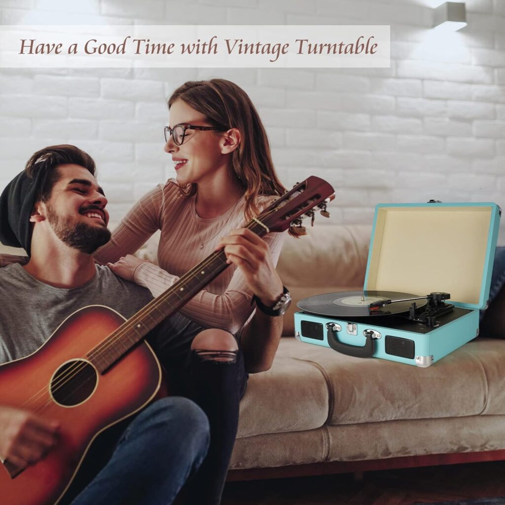 Record Player Vintage 3-Speed Bluetooth Vinyl Turntable with Stereo Speaker, Belt Driven Suitcase Vinyl Record Player