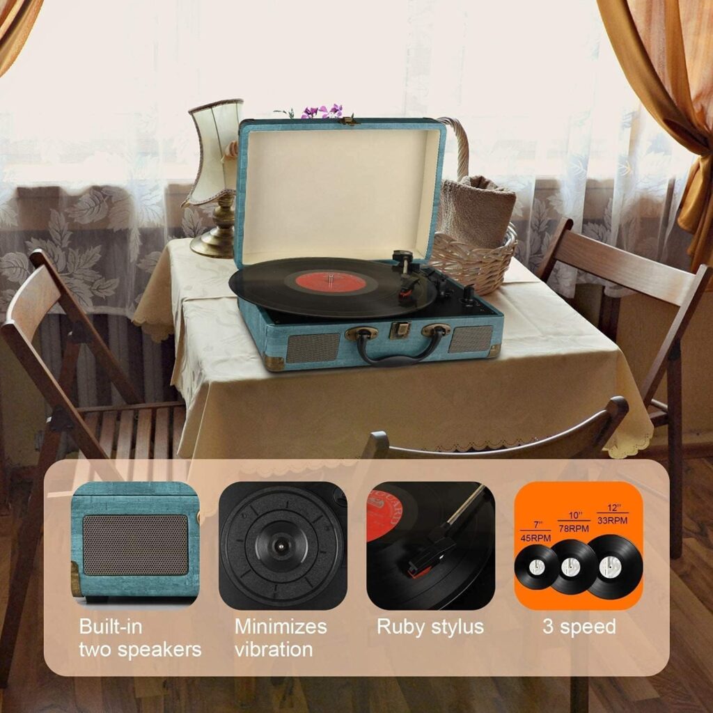 Record Player Vintage 3-Speed Bluetooth Vinyl Turntable with Stereo Speaker, Belt Driven Suitcase Vinyl Record Player