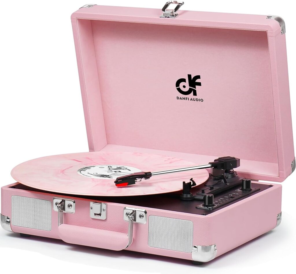 Record Player with Built-in 2 Speakers | Vintage 3-Speed Portable Bluetooth Suitcase Vinyl Player with USB Recording | MP3 Converter | RCA/AUX/Headphone Jacks | Includes Extra Stylus | Turntable Pink