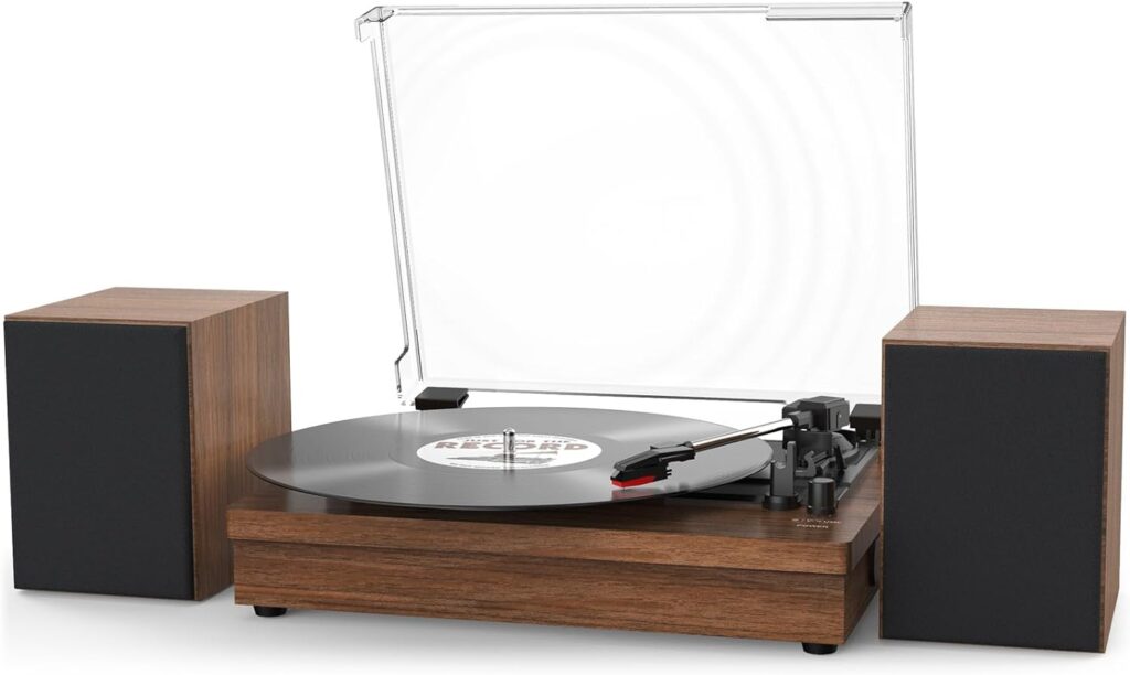 Record Player with Speakers, 3-Speed Vinyl Record Player with Dual Stereo Speakers Support Wireless Connection RCA Output Aux in USB Vintage Design Turntable Redbrown