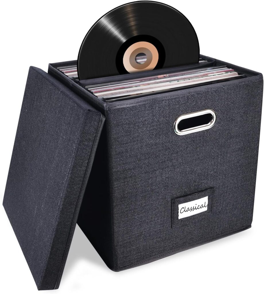 Sturdy Vinyl Record Storage Box - Album Storage Holds up 50+ Single Record, LP Storage Organizer Crate With Lid, Decorative Moving Box For Records, Solutions to Protect Your Precious Collection Black