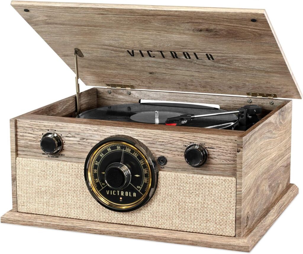 Victrola 4-in-1 Cambridge Farmhouse Modern Bluetooth Turntable with FM Radio, Farmhouse Oatmeal