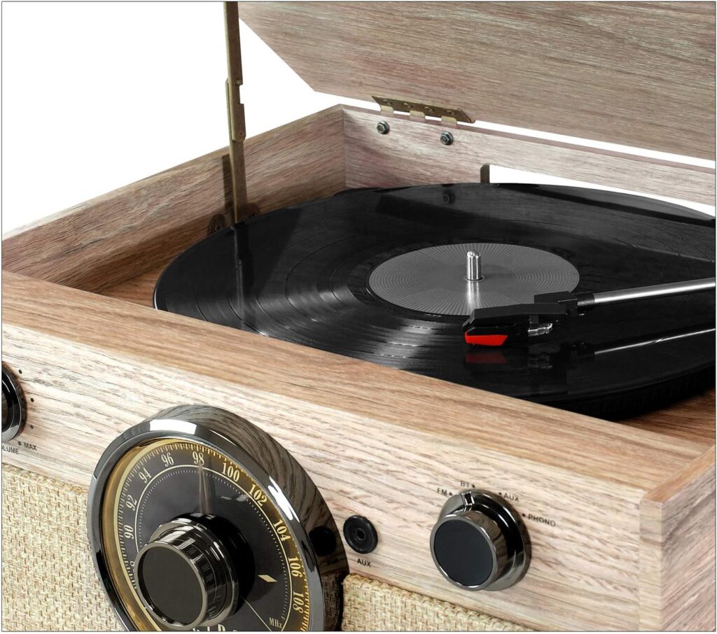 Victrola 4-in-1 Cambridge Farmhouse Modern Bluetooth Turntable with FM Radio, Farmhouse Oatmeal