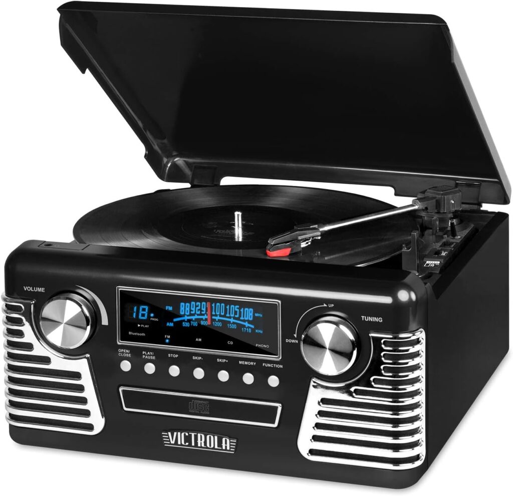 Victrola 50s Retro Bluetooth Record Player  Multimedia Center with Built-in Speakers - 3-Speed Turntable, CD Player, AM/FM Radio | Vinyl to MP3 Recording | Wireless Music Streaming | Black